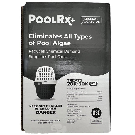 PoolRX Plus mineral algaecide box for 20,000–30,000 gallon pools, black and silver packaging