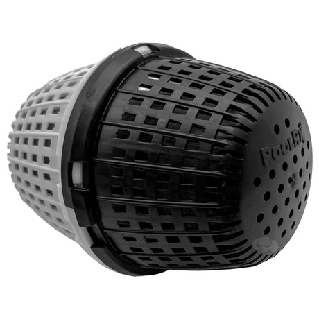 Black and gray PoolRX Black Plus pool algaecide unit cartridge on white background