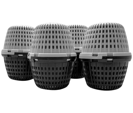Four black and gray PoolRX spa units with vented dome tops, shown together