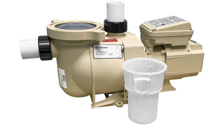 Pentair SuperFlo high performance pool pump with strainer basket and motor housing shown on white background