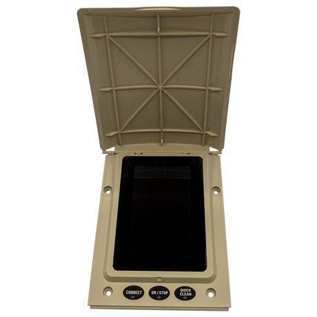 Pentair IntelliFlo3 VSF touchscreen control panel with open protective cover and black display