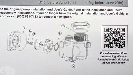 Pentair SuperFlo/SuperMax pump seal kit installation diagram with QR code and parts callouts