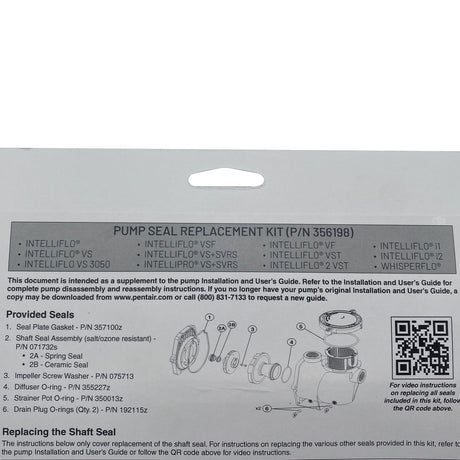 Pentair pump seal replacement kit packaging with instructions and QR code, P/N 356198