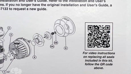Pump seal kit installation diagram with QR code for replacement instructions