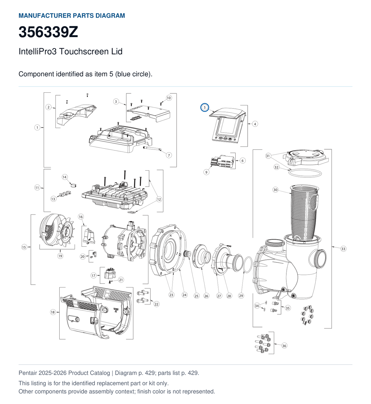 IntelliPro3 Touchscreen Lid, part 356339Z. Manufacturer reference diagram with item 5 circled; this listing is for the identified replacement part or kit only. Finish color is not represented.