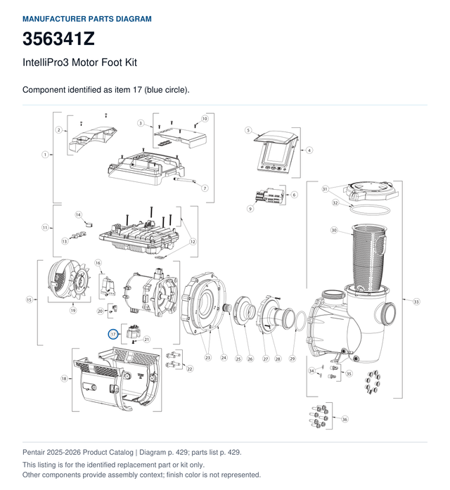 IntelliPro3 Motor Foot Kit, part 356341Z. Manufacturer reference diagram with item 17 circled; this listing is for the identified replacement part or kit only. Finish color is not represented.