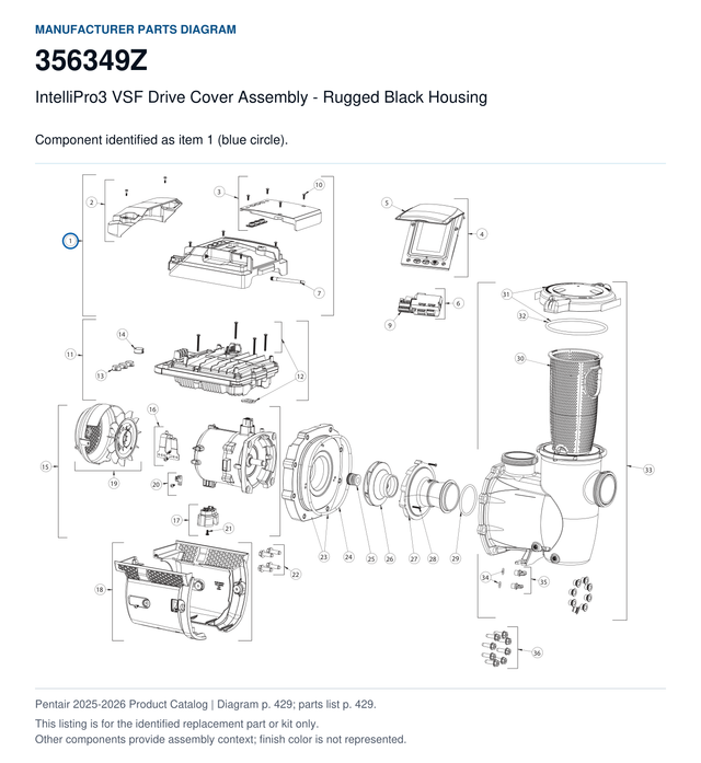 IntelliPro3 VSF Drive Cover Assembly - Rugged Black Housing, part 356349Z. Manufacturer reference diagram with item 1 circled; this listing is for the identified replacement part or kit only. Finish color is not represented.