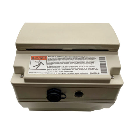 Pentair almond pool pump drive assembly with keypad and warning label