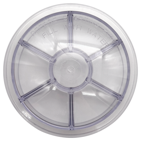 Clear see-through pool pump lid with central locking ring and “Before Starting Pump Fill With Water” text