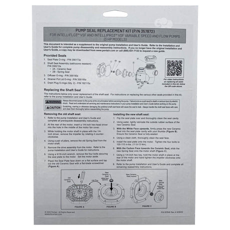 Pentair IntelliFlo3 pump seal replacement kit instructions sheet with diagrams and QR code