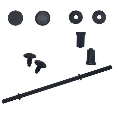 Pentair Racer/Racer LS tune-up kit replacement parts in black, including caps, screws, and a long shaft assembly