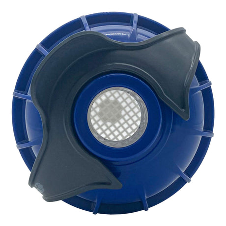 Pentair leaf trap canister with blue housing and black lid for suction-side pool cleaners