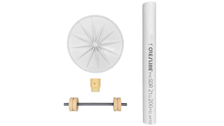 White pool side chlorine feeder kit with PVC pipe, round cover, fittings, and float assembly