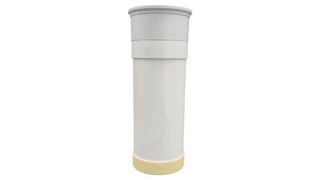 White cylindrical pool chlorine feeder with beige foam base cap