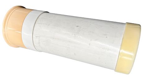 Tan and white pool side chlorine feeder cartridge with foam ends
