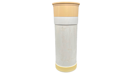 Tan and white pool side chlorine feeder with cylindrical housing and rounded ends