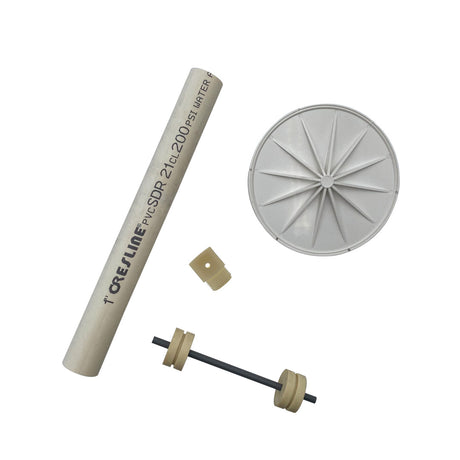 QuikDekClor pool side chlorine feeder kit with PVC tube, round cap, and internal rod components