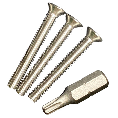 Three stainless steel screws and a hex bit for drain retro kit installation