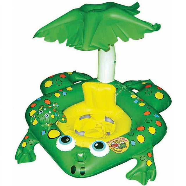 Inflatable green frog baby pool seat rider with sun canopy