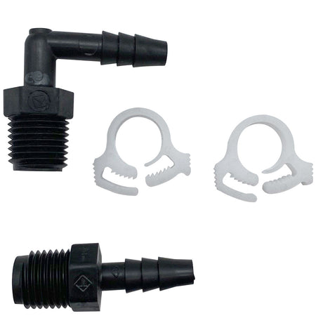 Ozone injector manifold tubing kit with two black plastic fittings and two silver hose clamps