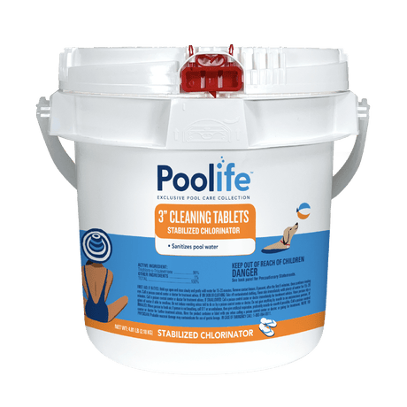 Poolife 3-inch cleaning tablets stabilized chlorinator in a white 25 lb bucket with handle and red lid latch