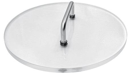 Clear acrylic inner lid with metal handle post and handle, round replacement lid for Caretaker Leaf-B-Gone pool skimmer basket