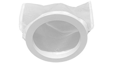 White mesh Leaf-B-Gone filter bag with PVC ring attachment