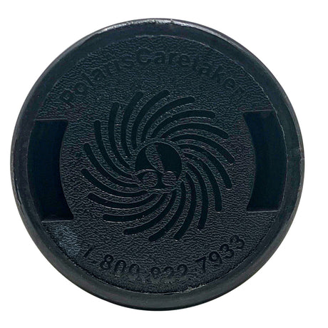 Round jet black threaded cleaning head with spiral center pattern and side cutouts