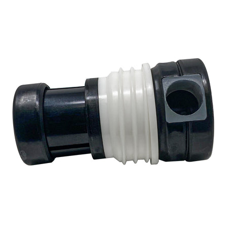 Black threaded cleaning head with white center section and side port opening
