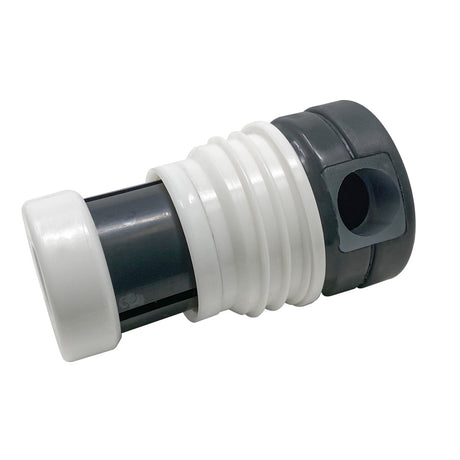 Charcoal gray threaded cleaning head with white connector sleeve and side port