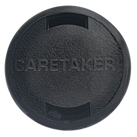 Caretaker high flow cleaning head in charcoal gray, round textured top with embossed logo