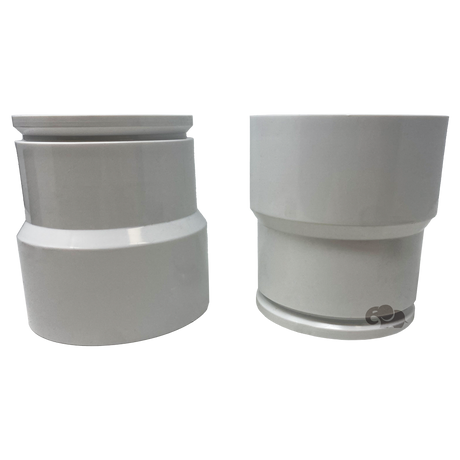 Gray 3-inch PVC union kit fitting shown from two angles