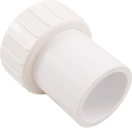 White plastic pump union fitting with threaded cap and slip connection