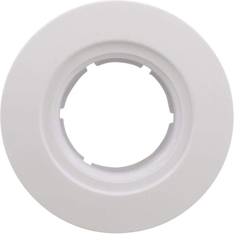 White fiberglass pool wall fitting with central threaded opening and flanged ring