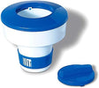 Classic floating pool chlorine dispenser with blue-and-white body and adjustable cap