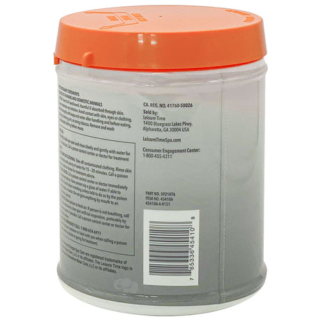 Leisure Time pH Balance Plus spa water treatment container with orange lid, back label view