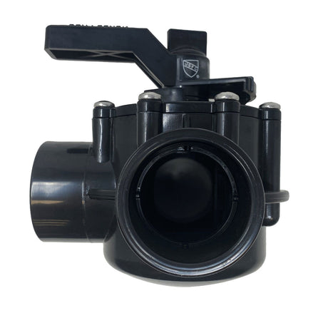 Black Jandy Neverlube positive seal 3-port diverter valve with handle and threaded port, front view