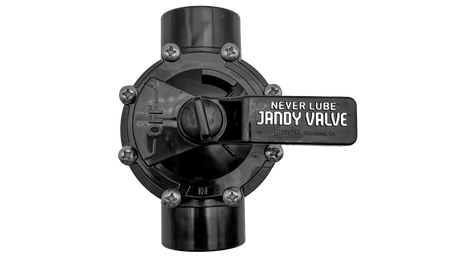 Black Jandy Never Lube two-port diverter valve with handle and inlet-outlet ports