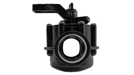 Black Jandy Never Lube 2-port pool diverter valve with handle and circular opening on white background