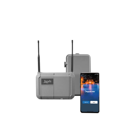 Jandy TCX conversion kit control module with two antennas and iAquaLink smartphone app display