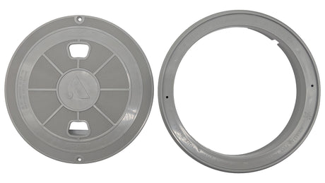 Gray QuikSkim Ultra pool skimmer cover with gray ring lid shown side by side on white background