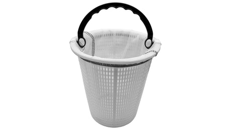 White mesh pool skimmer basket with black handle