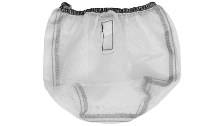 White mesh silt sock with black elastic opening and stitched reinforcement patch