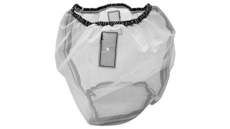 White mesh pool silt sock with black elastic opening and mounting tabs