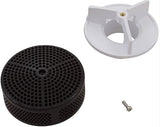 Black equalizer suction grate with white mounting base and screw