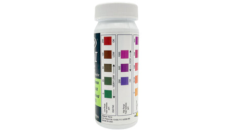 Aquachek Pro II 4-in-1 test strip bottle with color comparison chart labels on white background