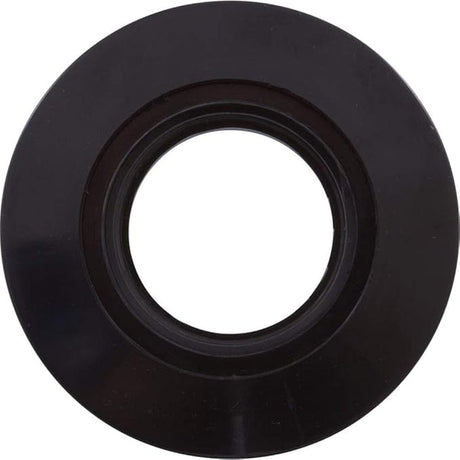 Black round wall return fitting with centered threaded opening and wide flange