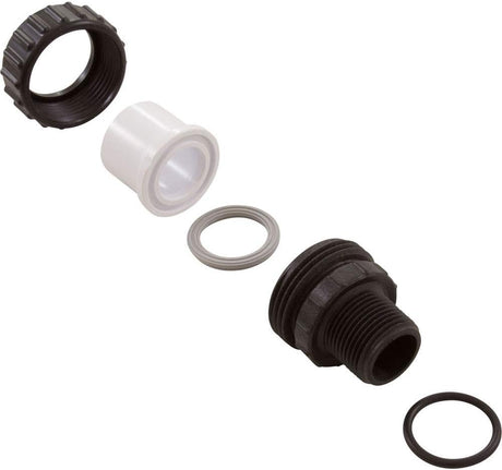 Black high temp self-sealing union fitting with white insert, seals, and O-ring components isolated on white background