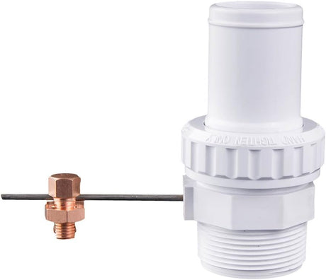 Pool Defender Econ Union water bond fitting with copper grounding clamp on a white plastic threaded connector.