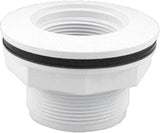 White vinyl pool fitting with threaded 1.5-inch socket and 2-inch male pipe thread, white with black O-ring gasket